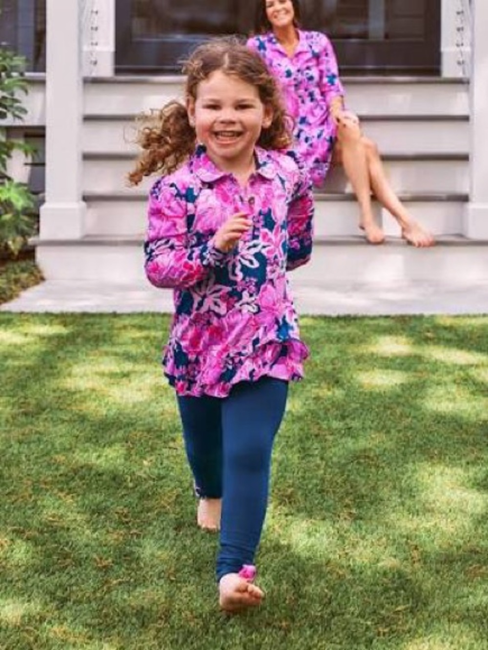 Lilly Pulitzer girls Pink Floral Tunic with Navy Leggings